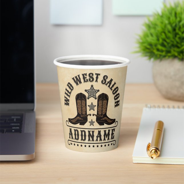 Western Cowboy Boots ADD NAME Sheriff Spurs Saloon Paper Cups (Insitu)