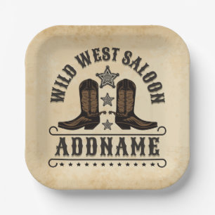 Western Cowboy Boots ADD NAME Sheriff Spurs Saloon Paper Plate