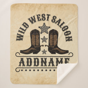Western Cowboy Boots ADD NAME Sheriff Spurs Saloon Sherpa Blanket