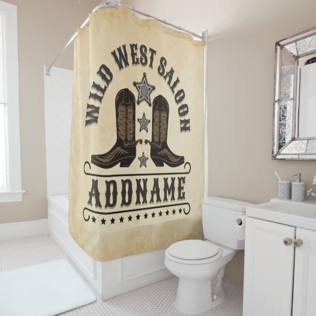 Western Cowboy Boots ADD NAME Sheriff Spurs Saloon Shower Curtain (In Situ)