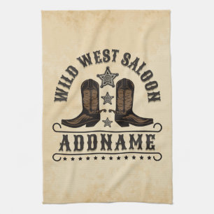 Western Cowboy Boots ADD NAME Sheriff Spurs Saloon Tea Towel