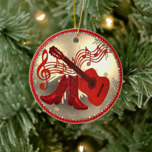 Western Cowboy Boots And Guitar Christmas Ceramic Ornament