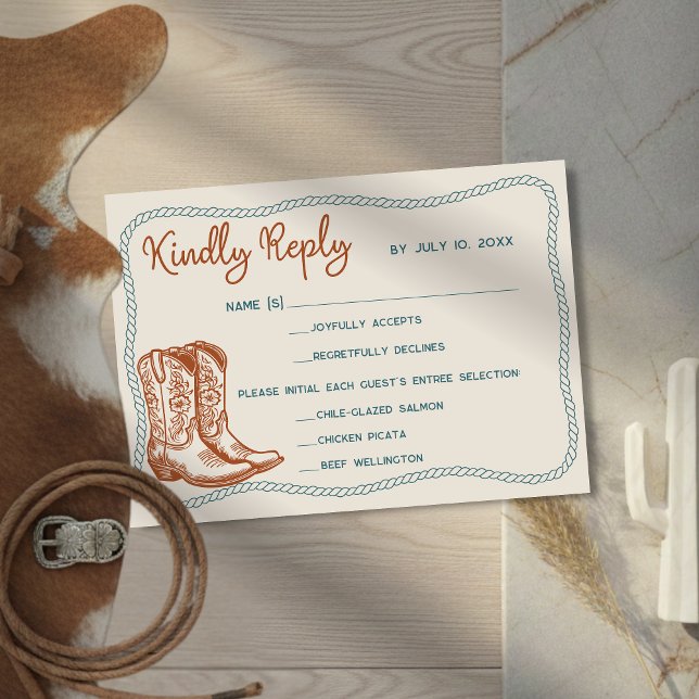 Western Cowboy Boots Barn Wedding Meal Choice RSVP Card (Creator Uploaded)