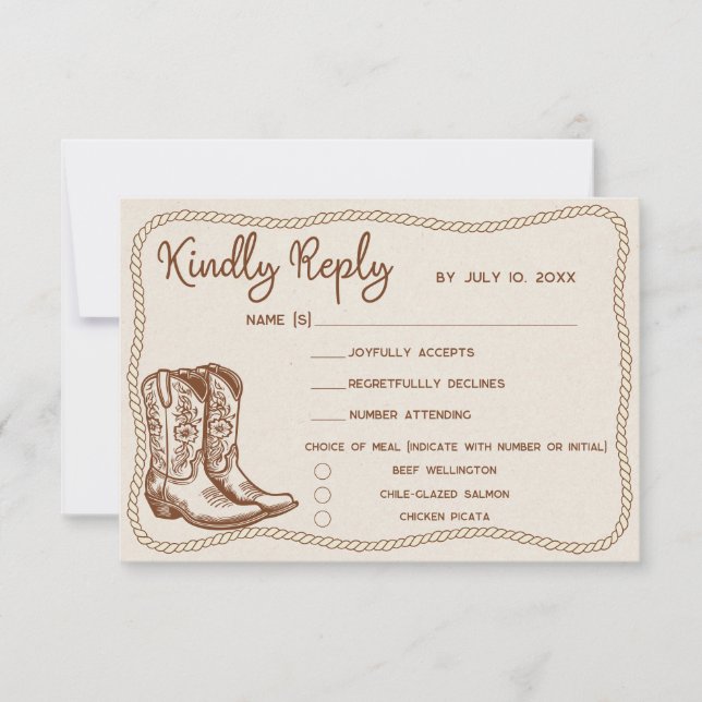 Western Cowboy Boots Barn Wedding Meal Choice RSVP Card (Front)
