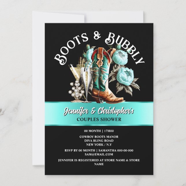 Western cowboy boots black teal bubbly chic  invitation (Front)