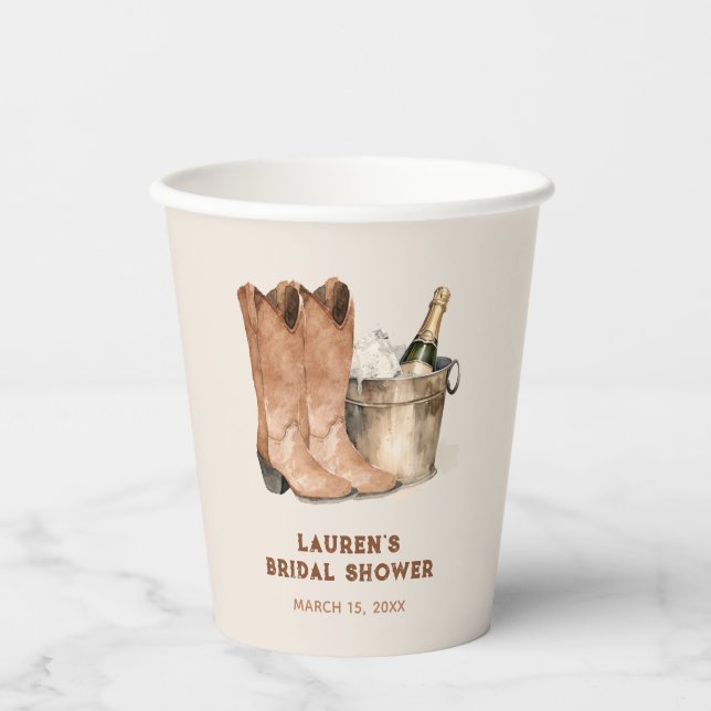 Western Cowboy Boots & Bubbly Bridal Shower Paper Cups (Front)
