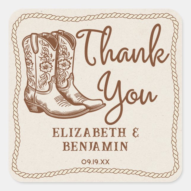 Western Cowboy Boots Casual Wedding Thank you Square Sticker (Front)