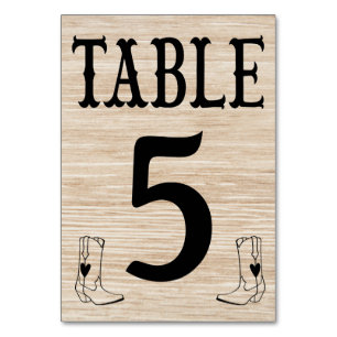 Western Cowboy Boots Country Wedding Brown Wood Table Number