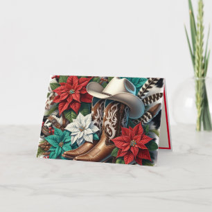 Western Cowboy Boots Floral Cow Hide Christmas Card
