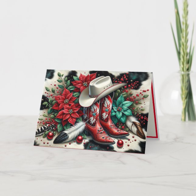 Western Cowboy Boots Floral Cow Hide Christmas Card (Front)