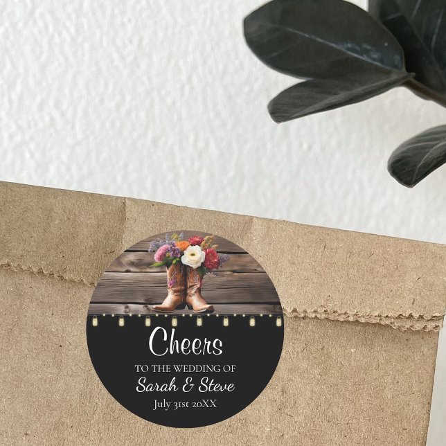 Western Cowboy Boots Floral Elegant Mason Jar Classic Round Sticker (Rustic Wedding Favor Sticker Wildflower Cowboy Boots Ranch)