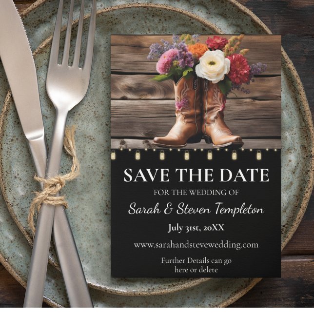 Western Cowboy Boots Floral Elegant Mason Jar Save The Date (Western Cowboy Boots Floral Elegant Country Farm Save the Date and Invitation Suite)