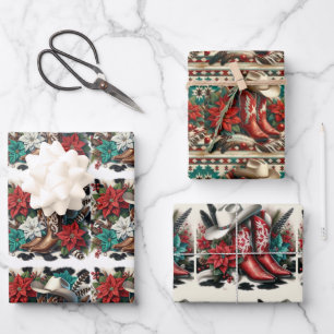 Western Cowboy Boots Hat and Poinsettia Christmas  Wrapping Paper Sheet
