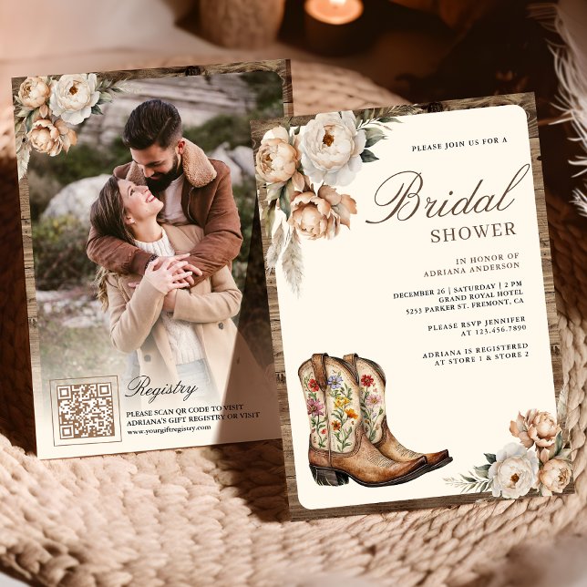 Western Cowboy Boots Photo QR Code Bridal Shower Invitation (Creator Uploaded)