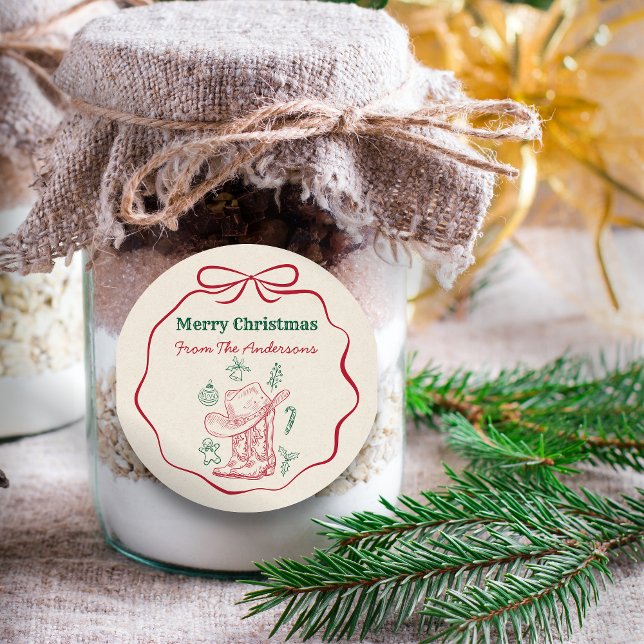 Western Cowboy Boots Retro Hand Drawn Ribbon Bow  Classic Round Sticker (Creator Uploaded)