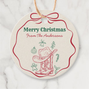 Western Cowboy Boots Retro Hand Drawn Ribbon Bow Favour Tags