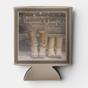Western Cowboy Boots Rustic Barn Monogram Can Cooler