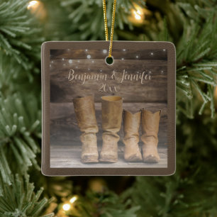 Western Cowboy Boots Rustic Barn Monogram Ceramic Ornament
