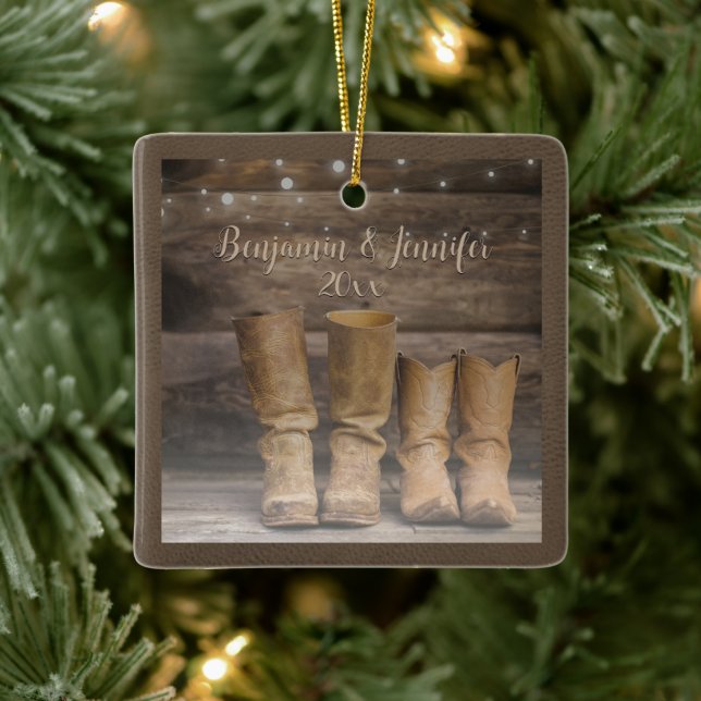 Western Cowboy Boots Rustic Barn Monogram Ceramic Ornament (Tree)
