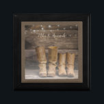 Western Cowboy Boots Rustic Barn Monogram Gift Box<br><div class="desc">This fun,  rustic gift box features two pair of cowboy boots and a log cabin wall with string lights. For the western or horse lover. Personalise it with a single name,  or add a couple's names. Created by Simply Farmhouse Press; photo by Melanie Mauer on Unsplash.</div>