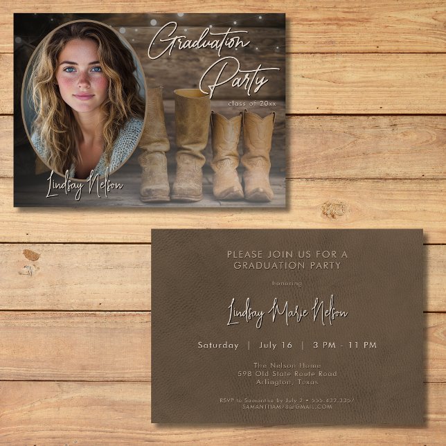 Western Cowboy Boots Rustic Photo Graduation Party Invitation (Western Cowboy Boots Rustic Photo Graduation Party Invitation)