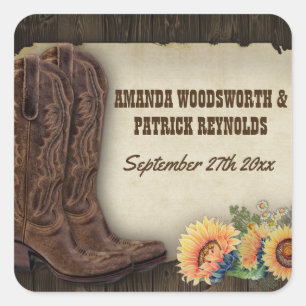 Western Cowboy Boots Sunflower Wedding Favour Square Sticker