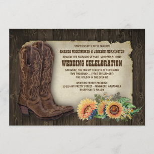 Western Cowboy Boots Sunflower Wedding Invitations