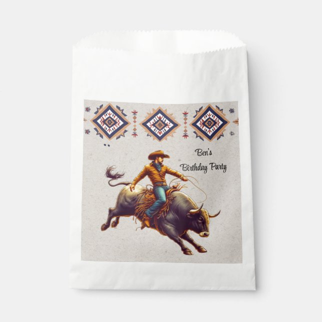 Western Cowboy Bull Rider Aztec Birthday Party Favour Bag (Front)
