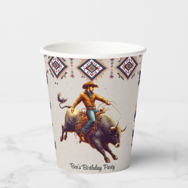 Western Cowboy Bull Rider Aztec Birthday Party Paper Cups (Front)
