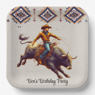 Western Cowboy Bull Rider Aztec Birthday Party Paper Plate