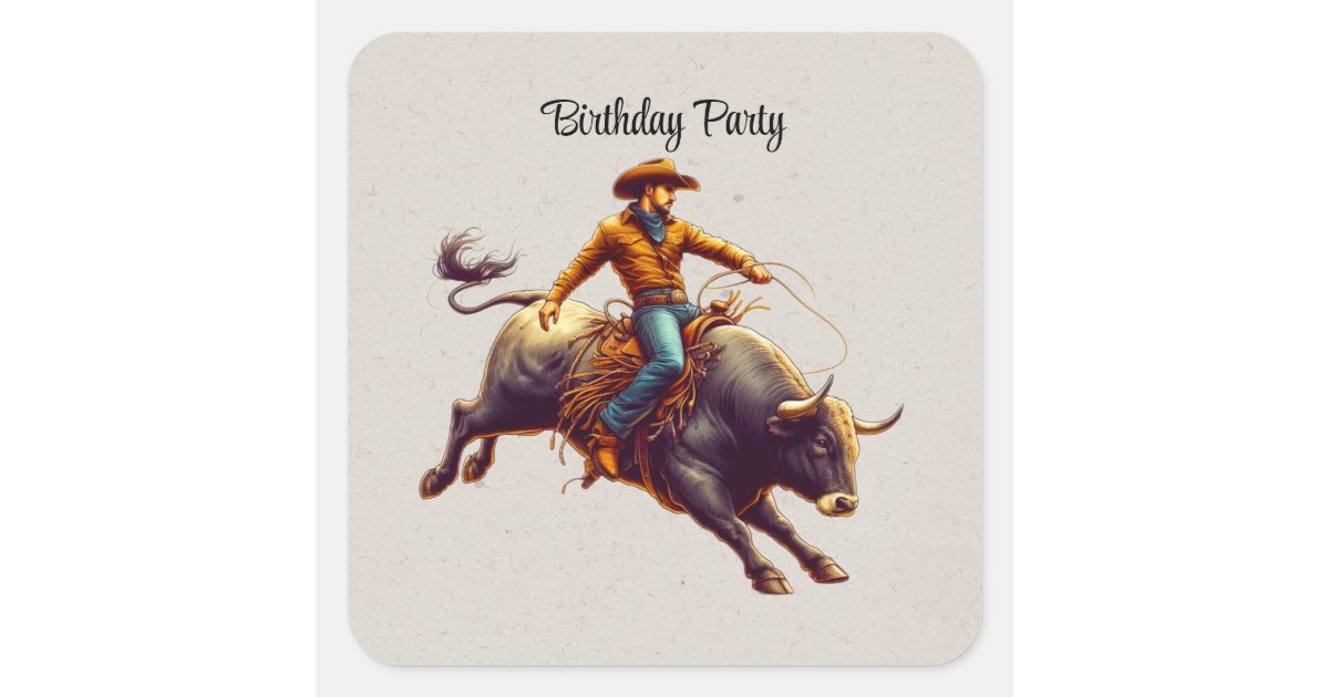 Western Cowboy Bull Rider Birthday Party Square Sticker | Zazzle