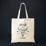 Western Cowboy Bull Skull Bohemian Country Wedding Tote Bag<br><div class="desc">Personalised wedding favour with old western cowboy theme. Decorated with cowboy boots and vintage western font. Text and colour are editable using the Design Tool to fit your occasion. Perfect for country wedding, rustic ranch wedding or barn wedding. Get this customise item for your wedding party, bachelorette party, bachelor party,...</div>