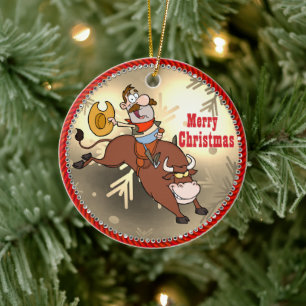 Western Cowboy Cartoon Bull Rider Christmas Ceramic Ornament