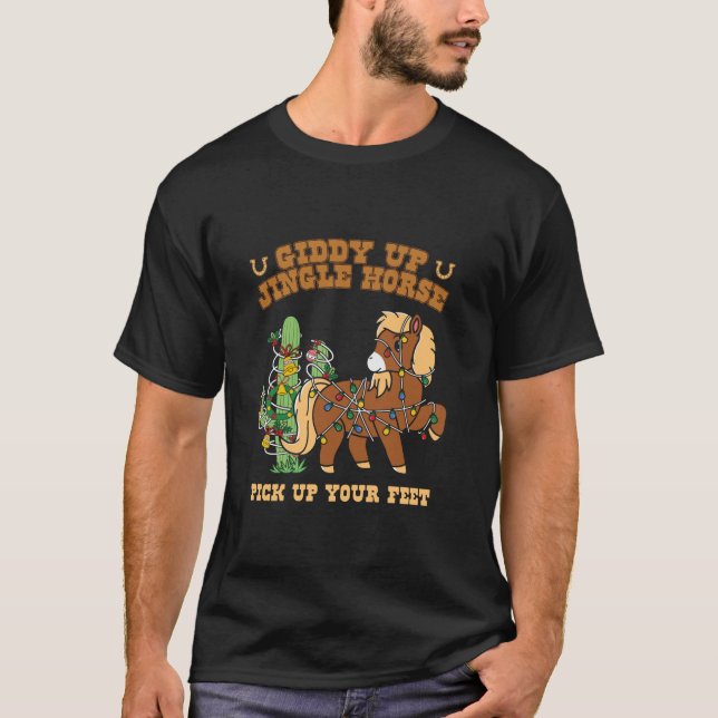 Western Cowboy Christmas Giddy Up Jingle Horse Mer T-Shirt (Front)