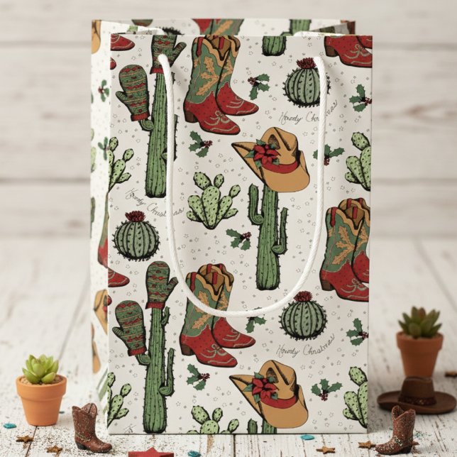 Western Cowboy Christmas Red and Green Small Gift Bag (Country Western Cowgirl Howdy Christmas Gift Bags. Rustic Rodeo Xmas Cowboy Boots & Cacti Pattern)