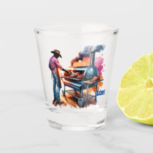 Western Cowboy Cooking on BBQ Pit Custom Shot Glass