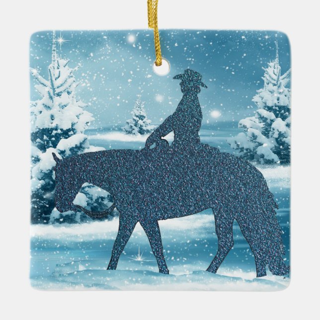 Western Cowboy Cowgirl Horse Winter Snow Scene Ceramic Ornament (Front)