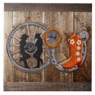 Western Cowboy Cowgirl Horseshoe Wagon Wheel Ceramic Tile