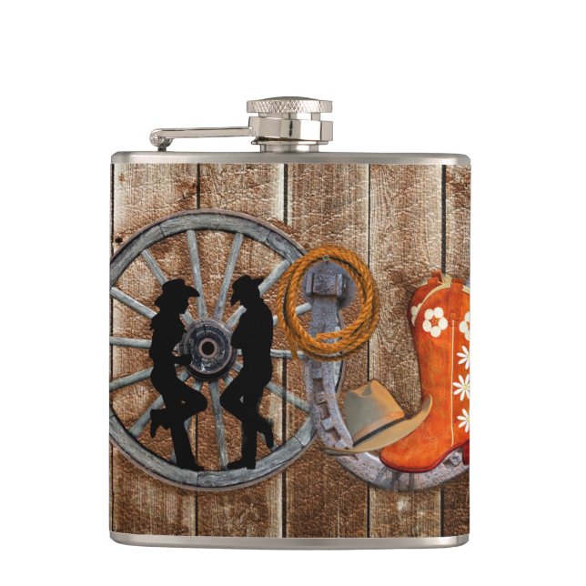 Western Cowboy Cowgirl Horseshoe Wagon Wheel Hip Flask (Front)