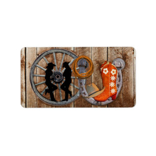 Western Cowboy Cowgirl Horseshoe Wagon Wheel Label