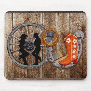 Western Cowboy Cowgirl Horseshoe Wagon Wheel Mouse Pad