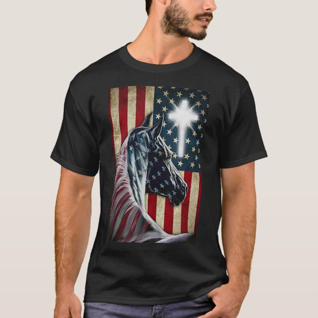 Western Cowboy Cowgirl Patriot Horse Jesus Cross U T-Shirt (Front)