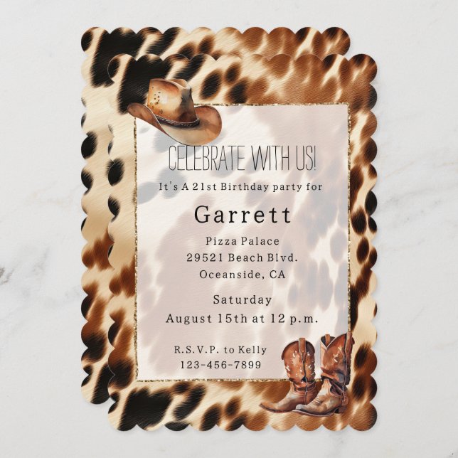 Western Cowboy Cream Brown Black Cowhide Boots Hat Invitation (Front/Back)