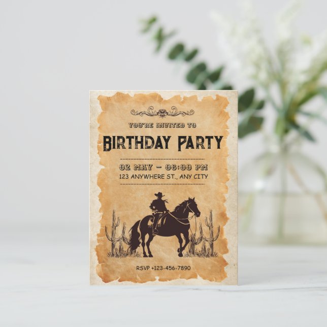 Western Cowboy First Birthday Invitation Postcard (Standing Front)