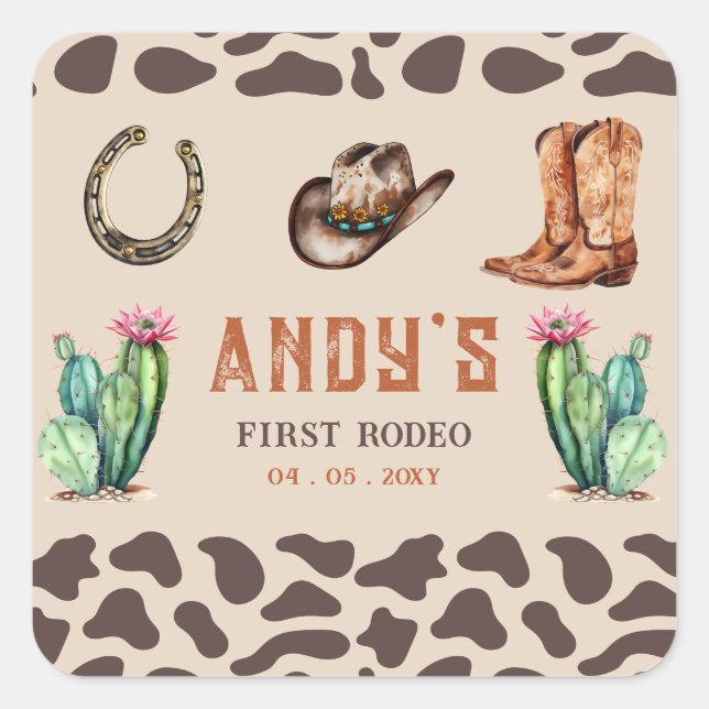 Western Cowboy First Rodeo Boys Birthday Square Sticker (Front)