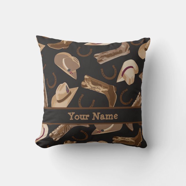 Western Cowboy Hat Boots Black Brown Name Cushion (Front)