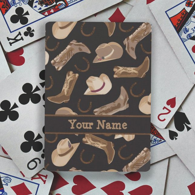 Western Cowboy Hat Boots Black Brown Name Playing Cards (Deck of playing cards features cowboy cowgirl western boots and hat on black with personalized name)