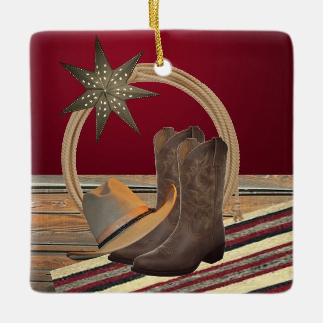 Western Cowboy Hat Boots Rope and Star Square Ceramic Ornament (Front)