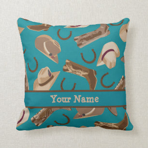Western Cowboy Hat Boots Turquoise Teal Name Cushion
