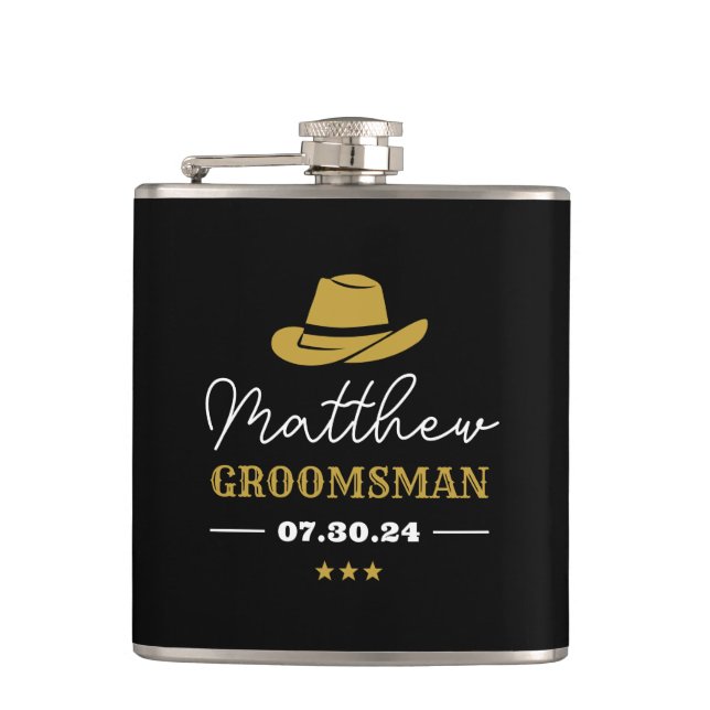 Western Cowboy Hat Classic Personalised Groomsmen Hip Flask (Front)